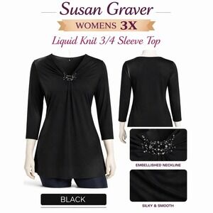 Susan‎ Graver Liquid Knit 3/4 Sleeve Top Black Beaded V Neck Womens 3X A235618